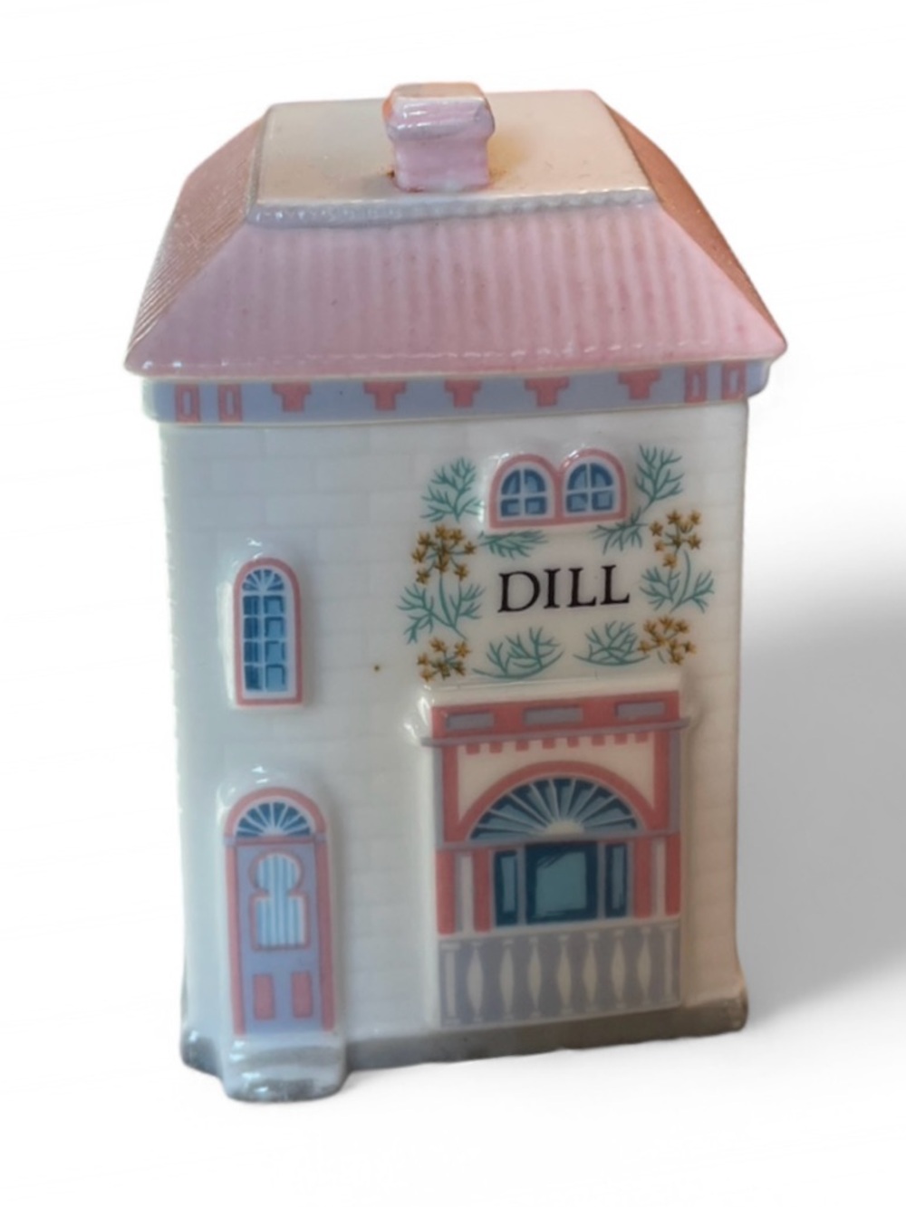 Lennox Spice Village vintage 1989 Dill Porcelain House Spice Jar - Pink & Blue